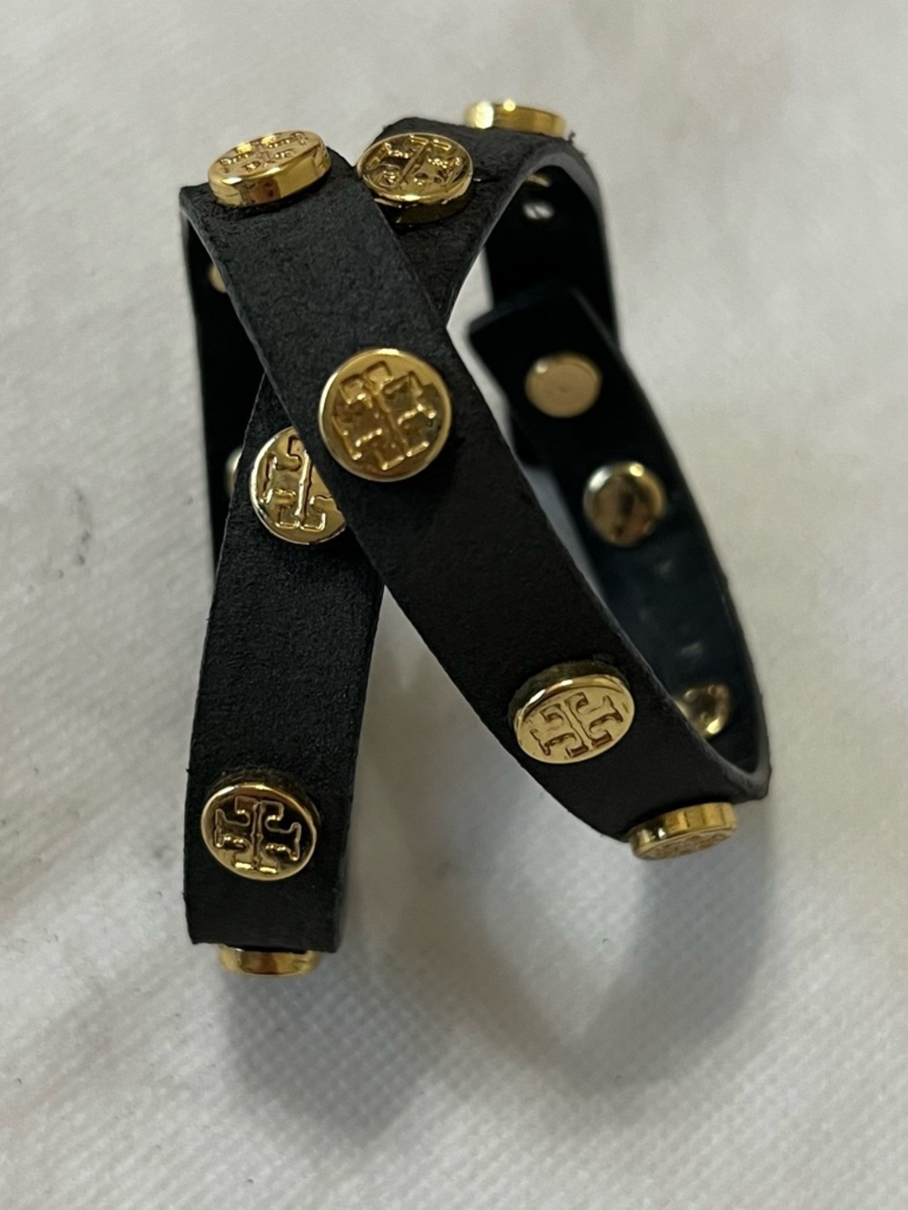 Tory Burch Black Leather Wrap Bracelet with Gold Logo Studs